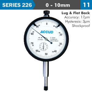 DIAL INDICATOR 10milimeter SHOCKPROOF 0.01milimeter GRAD. LUG&FLAT BACK